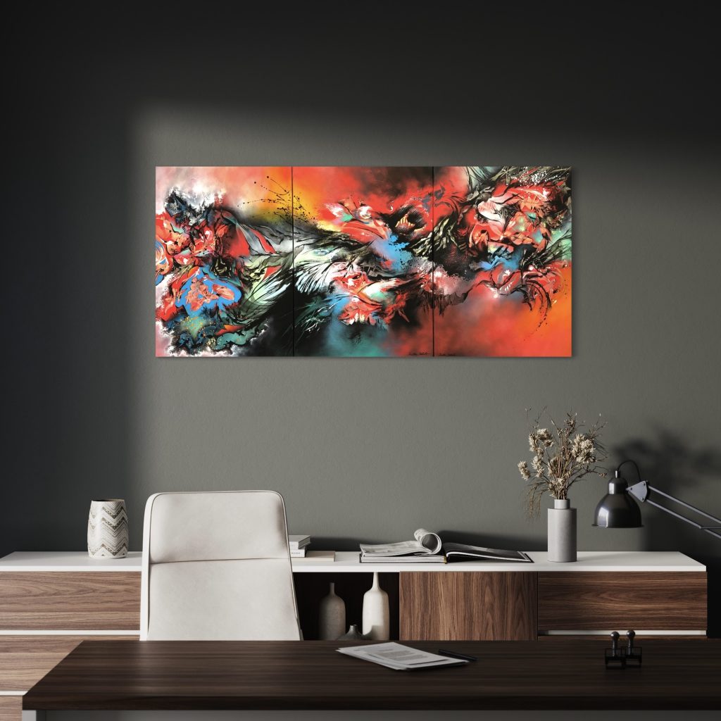 Basiliskenhochzeit, Acryl auf Leinwand (acrylic on canvas), 70x150cm (Triptychon), abstrakte Kunst (abstract art), Christine Bathelt