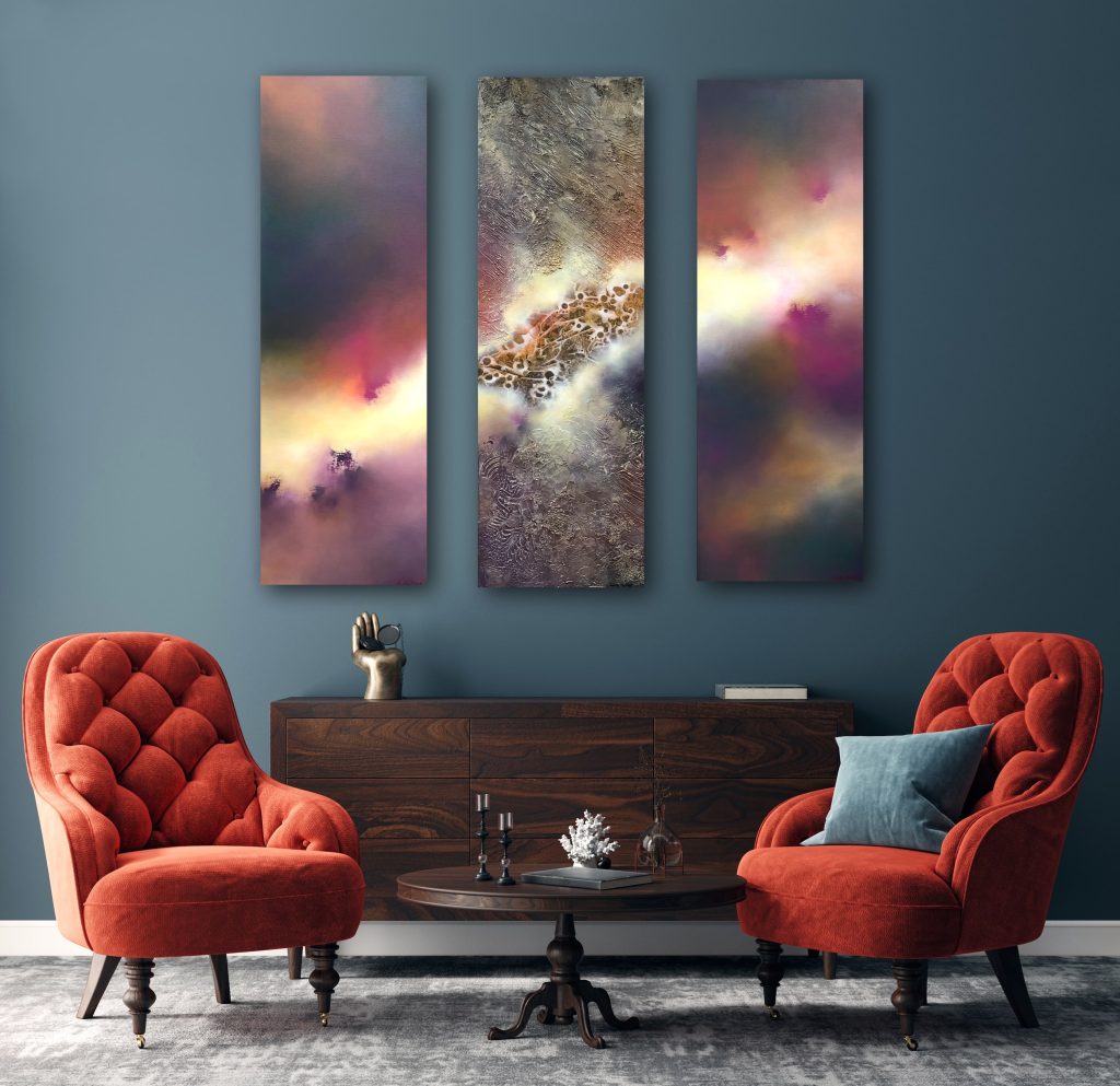 Madreperla, Acryl auf Leinwand (acrylic on canvas), 120x120cm (Triptychon), abstrakte und kosmische Kunst (abstract and cosmic artwork), Christine Bathelt