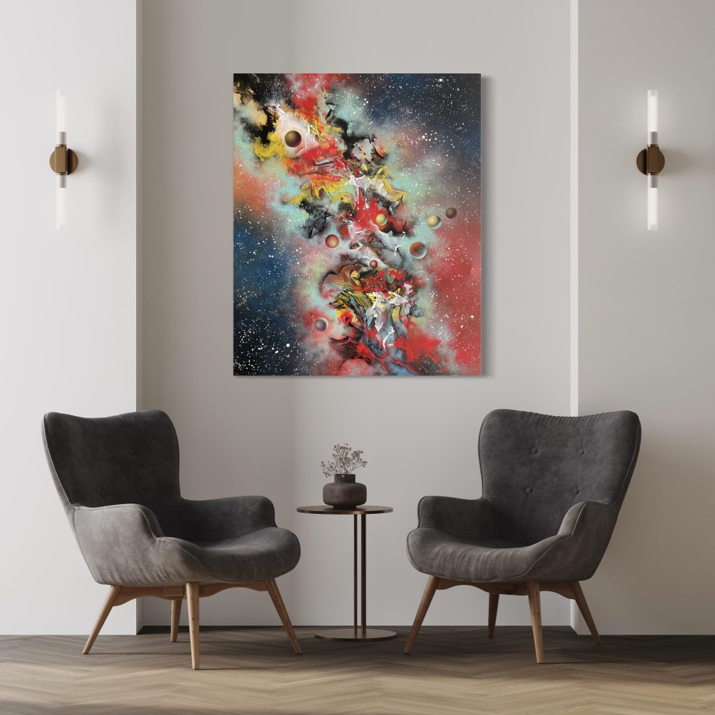 Harlekinstraße, Acryl auf Leinwand (acrylic on canvas), 100x120cm, abstrakte Kunst (abstract art), Weltraumkunst (space art), Christine Bathelt