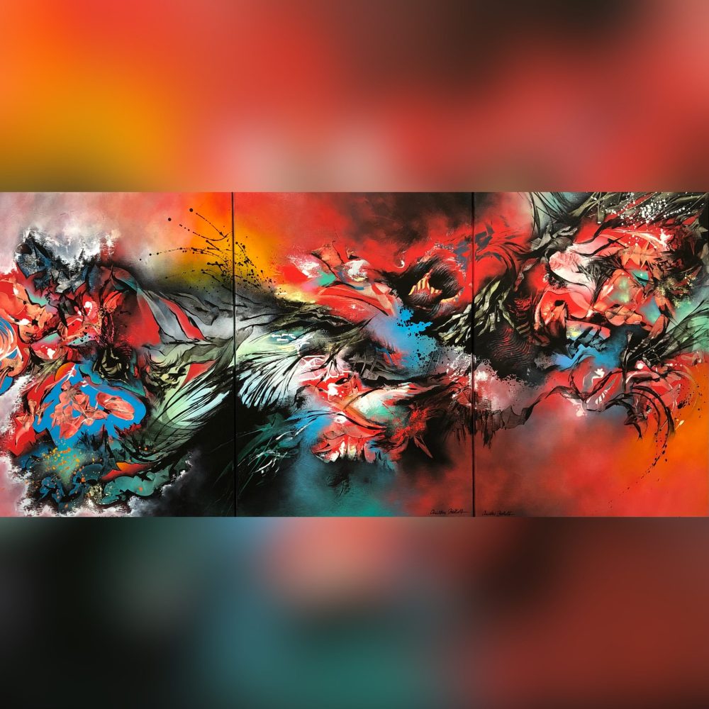 Basiliskenhochzeit, Acryl auf Leinwand (acrylic on canvas), 70x150cm (Triptychon), abstrakte Kunst (abstract art), Christine Bathelt